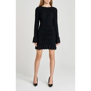 WAYF Maxine Long Sleeve Ruched Ruffle Minidress‎ in Black Size S